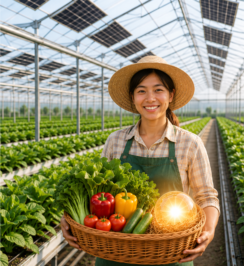 Farmer holding fresh produce inside a SunCube agrivoltaic greenhouse with integrated solar panels